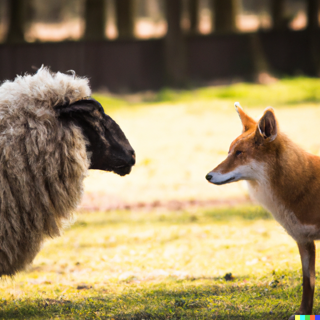 A sheep and a fox staring at each other
